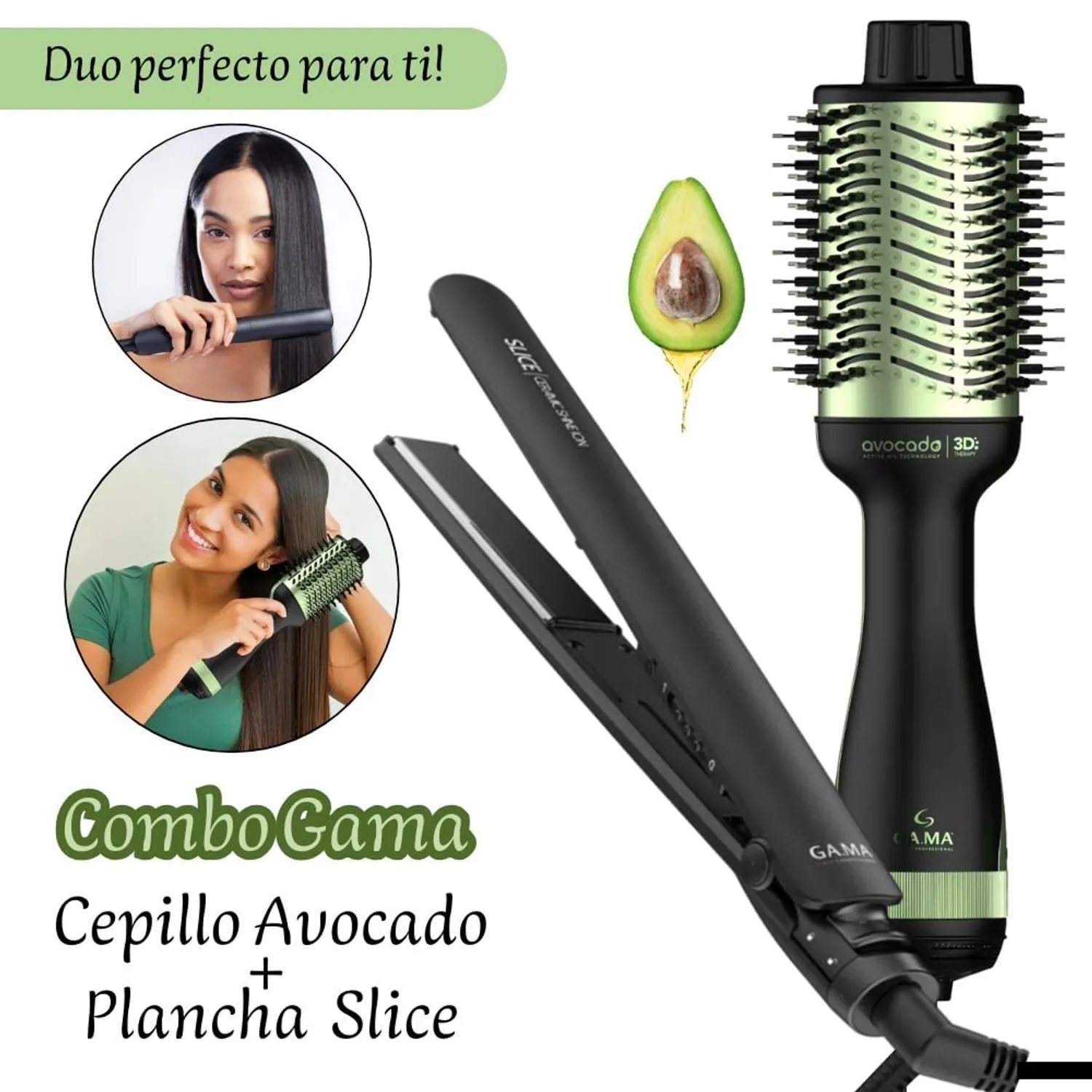 Combo aguacate: cepillo secador + plancha de cabello