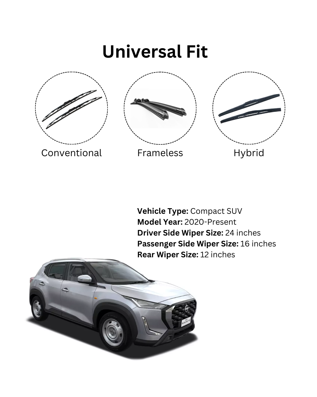Nissan Magnite Wiper Blades - Hybrid, Frameless & Conventional