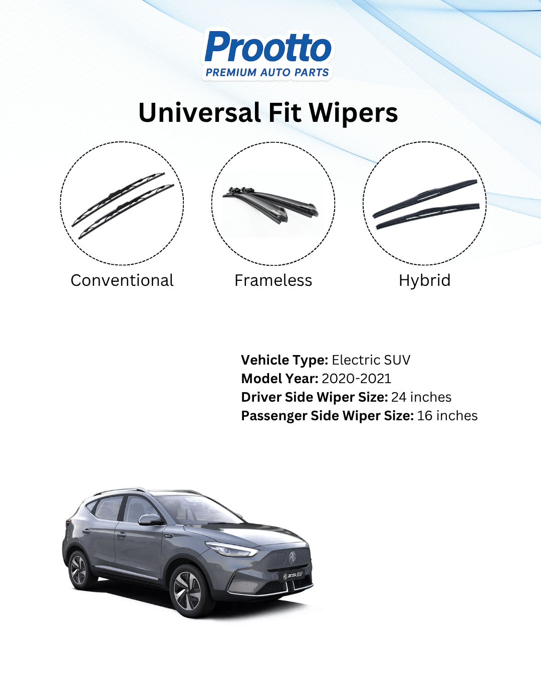 MG ZS EV Wiper Blades - Hybrid, Frameless & Conventional
