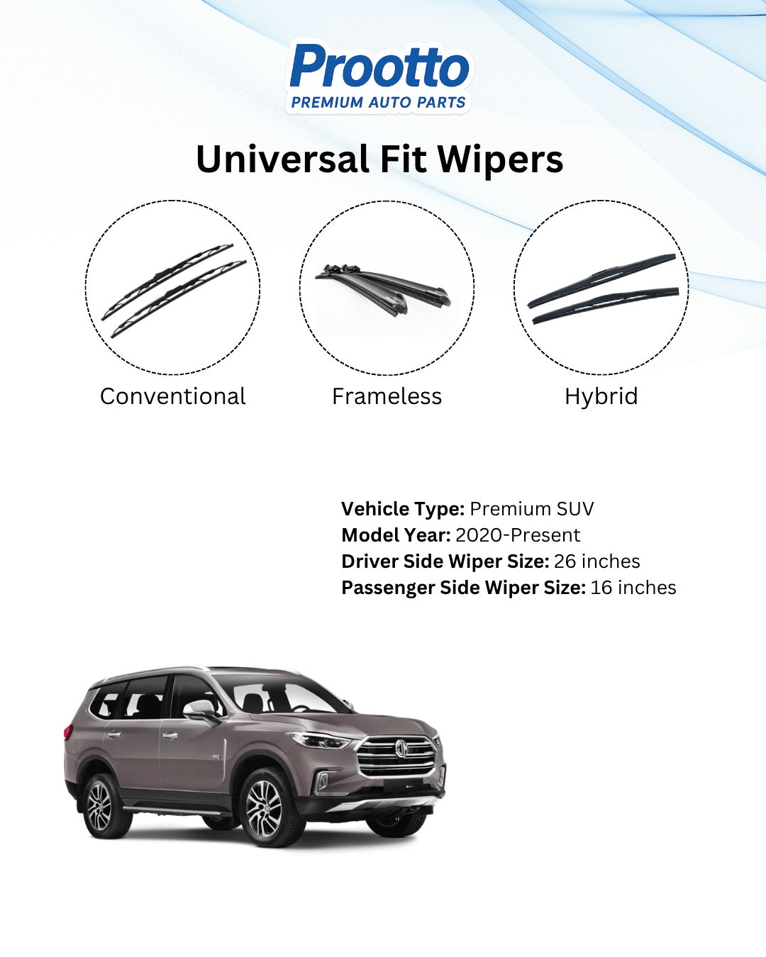 MG Gloster Wiper Blades - Hybrid, Frameless & Conventional