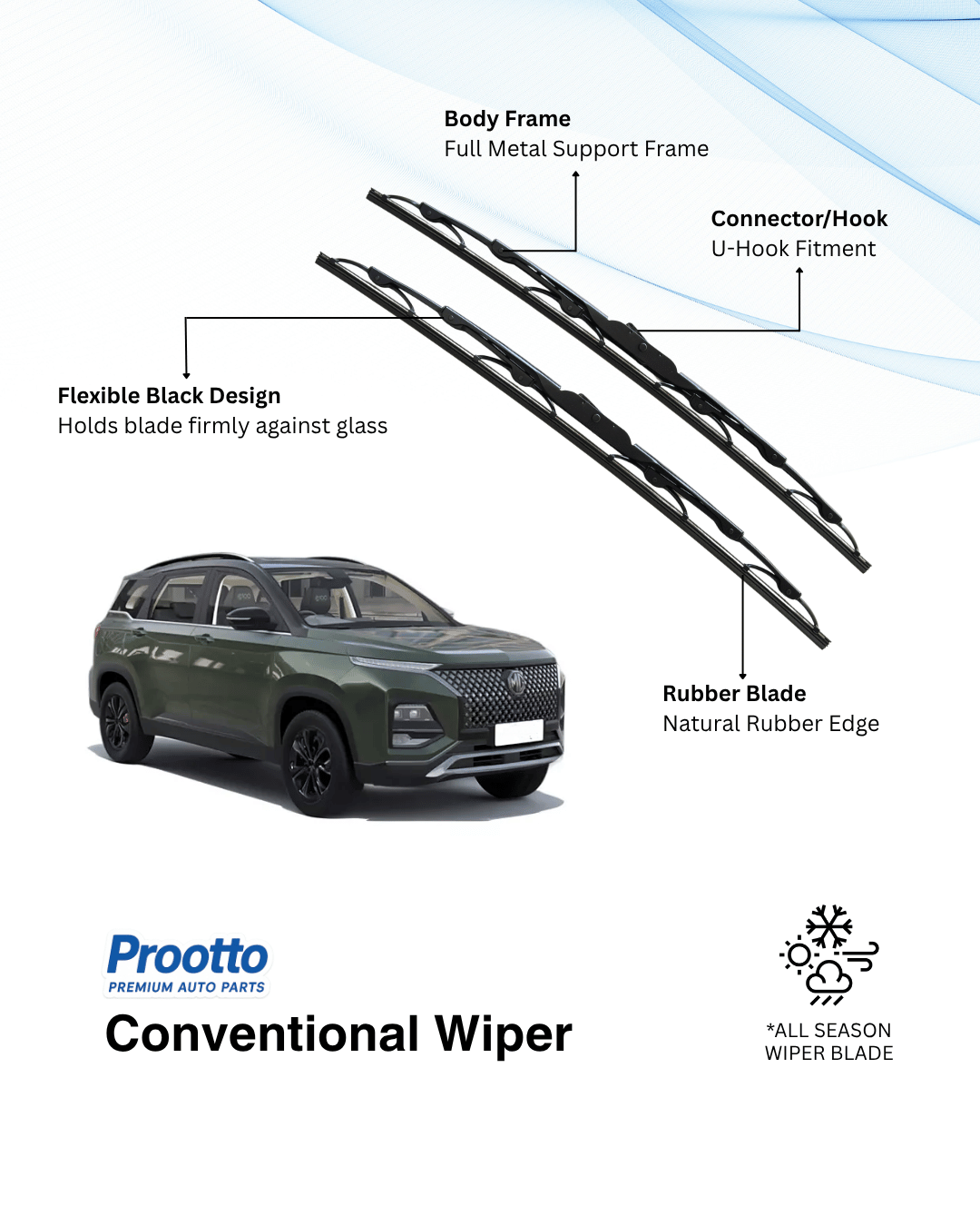 MG Hector Plus Wiper Blades - Hybrid, Frameless & Conventional