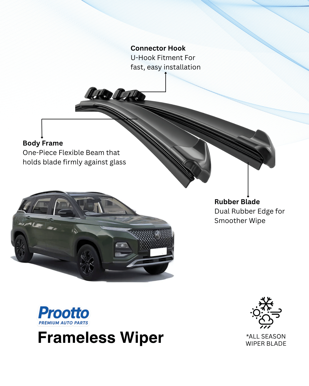 MG Hector Plus Wiper Blades - Hybrid, Frameless & Conventional