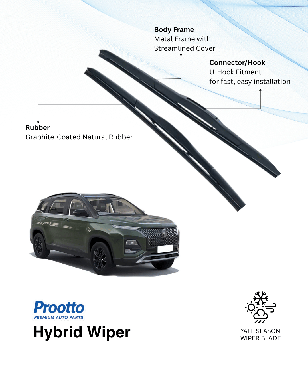 MG Hector Plus Wiper Blades - Hybrid, Frameless & Conventional