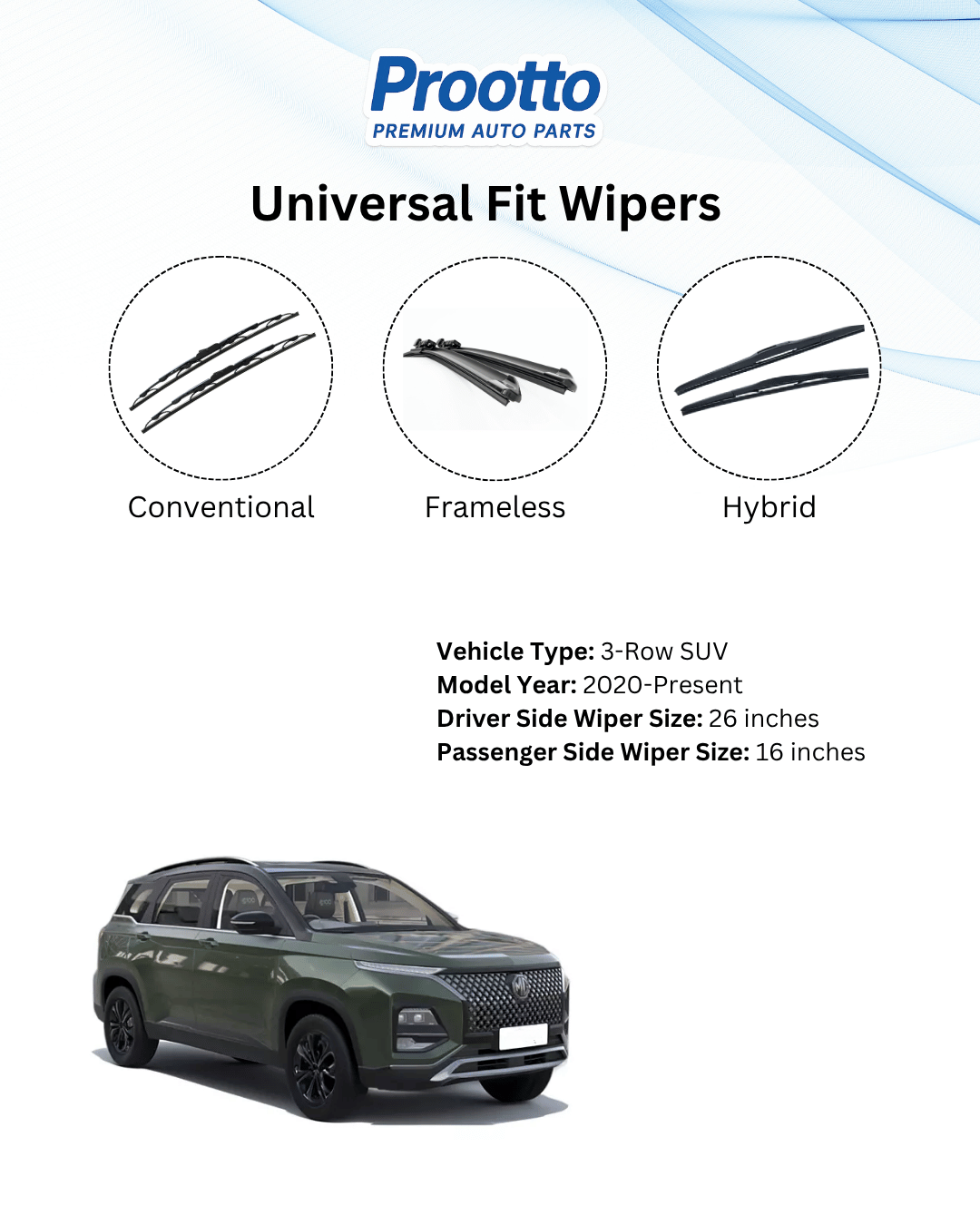 MG Hector Plus Wiper Blades - Hybrid, Frameless & Conventional