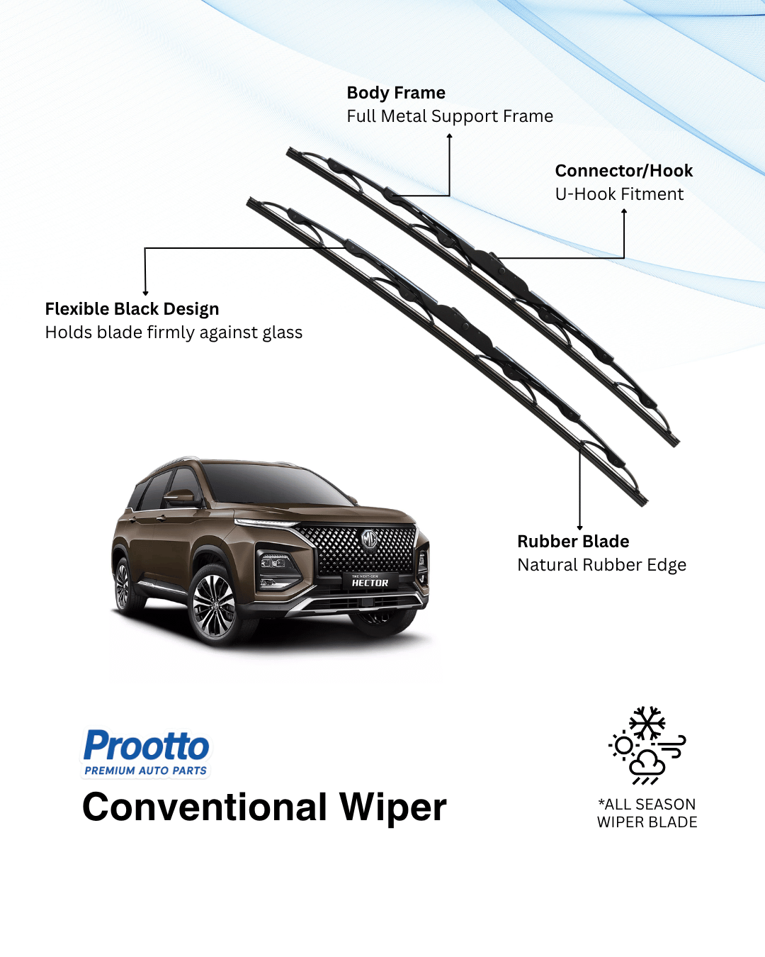 MG Hector Wiper Blades - Hybrid, Frameless & Conventional
