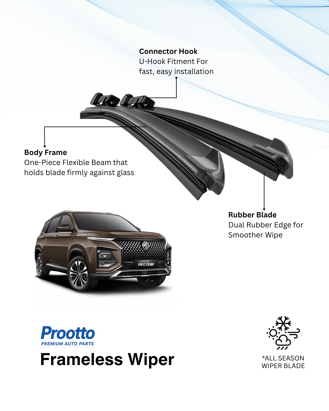 MG Hector Wiper Blades - Hybrid, Frameless & Conventional