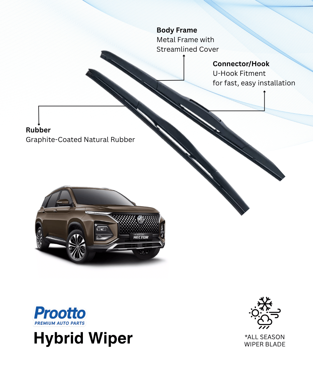 MG Hector Wiper Blades - Hybrid, Frameless & Conventional