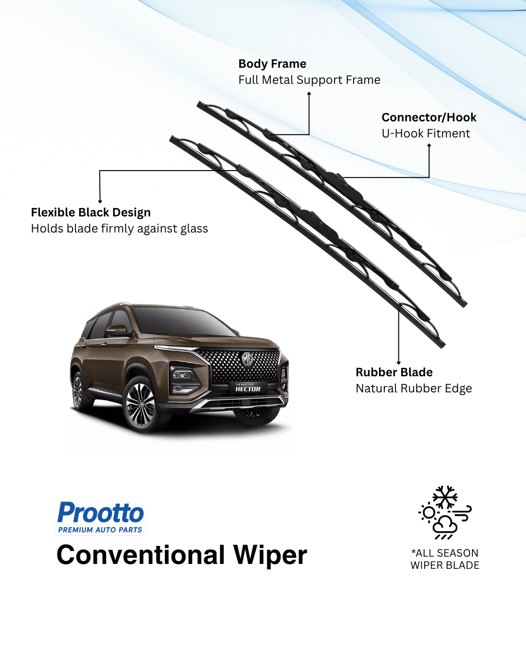 MG Hector Wiper Blades - Hybrid, Frameless & Conventional