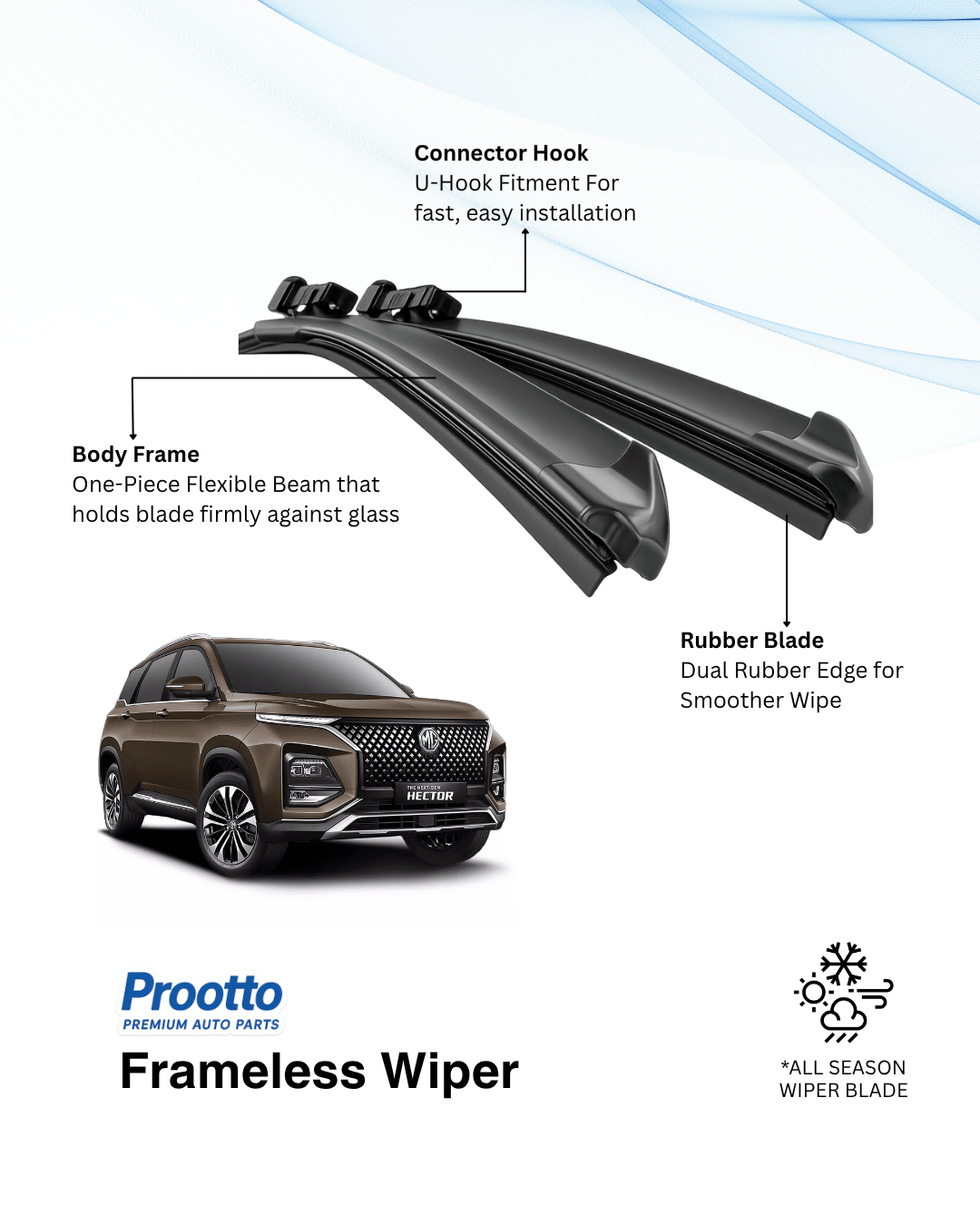 MG Hector Wiper Blades - Hybrid, Frameless & Conventional