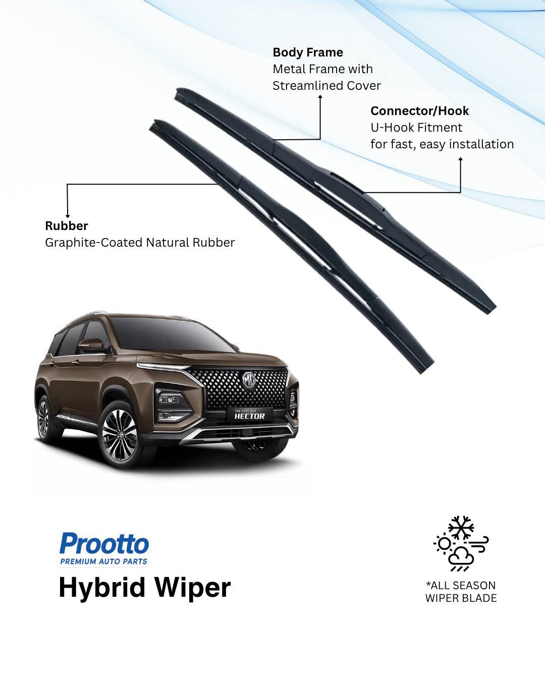 MG Hector Wiper Blades - Hybrid, Frameless & Conventional