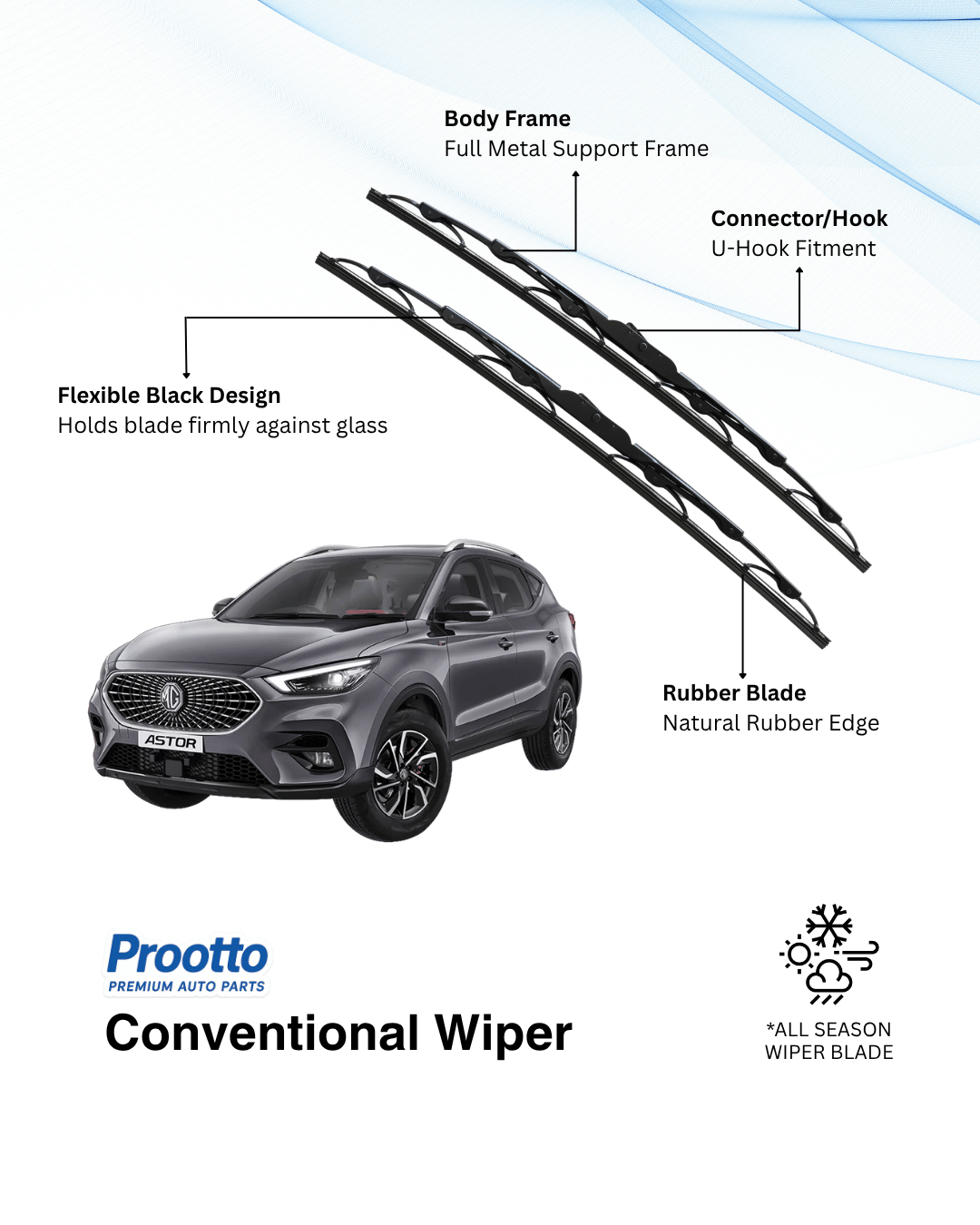 MG Astor Wiper Blades - Hybrid, Frameless & Conventional