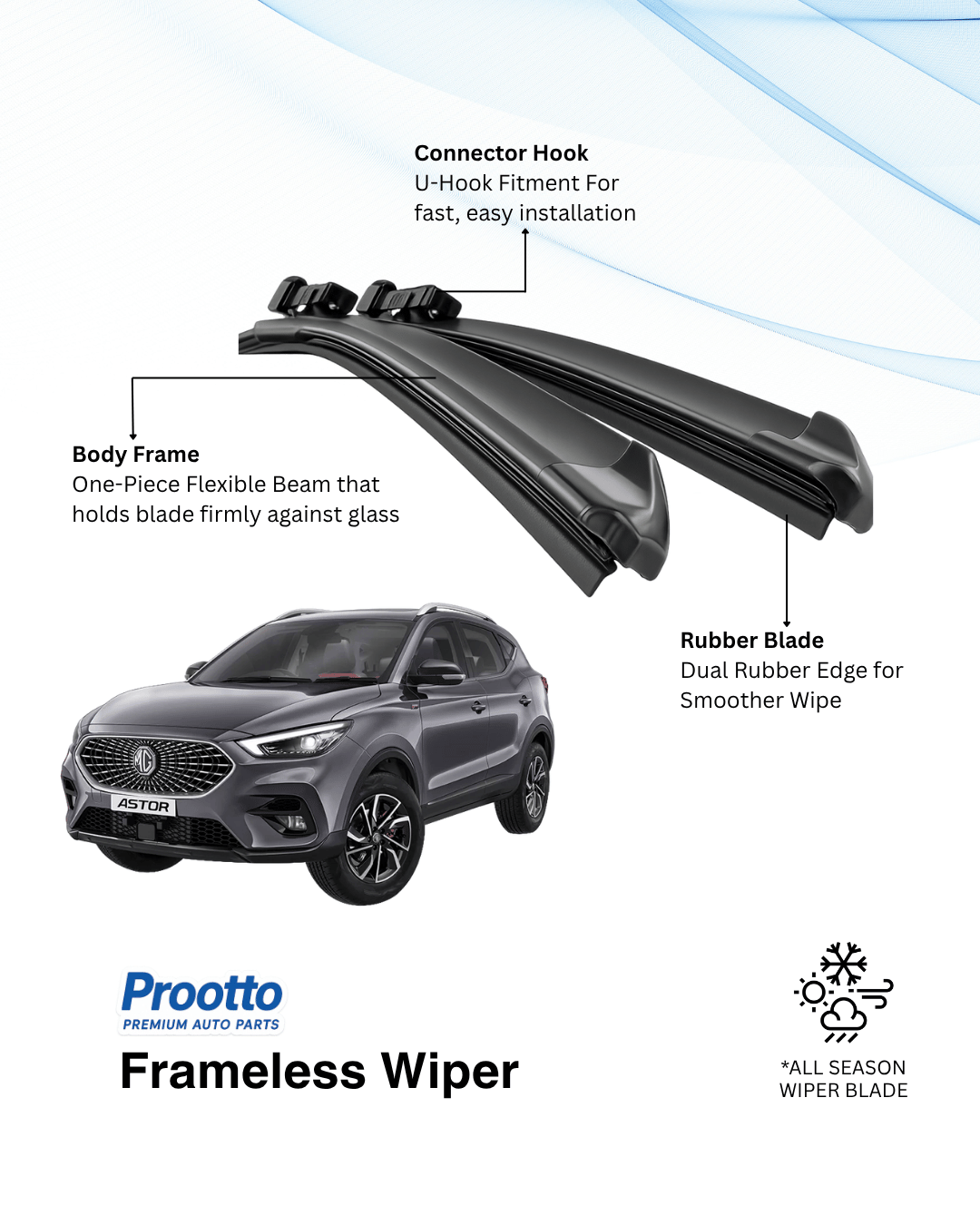 MG Astor Wiper Blades - Hybrid, Frameless & Conventional