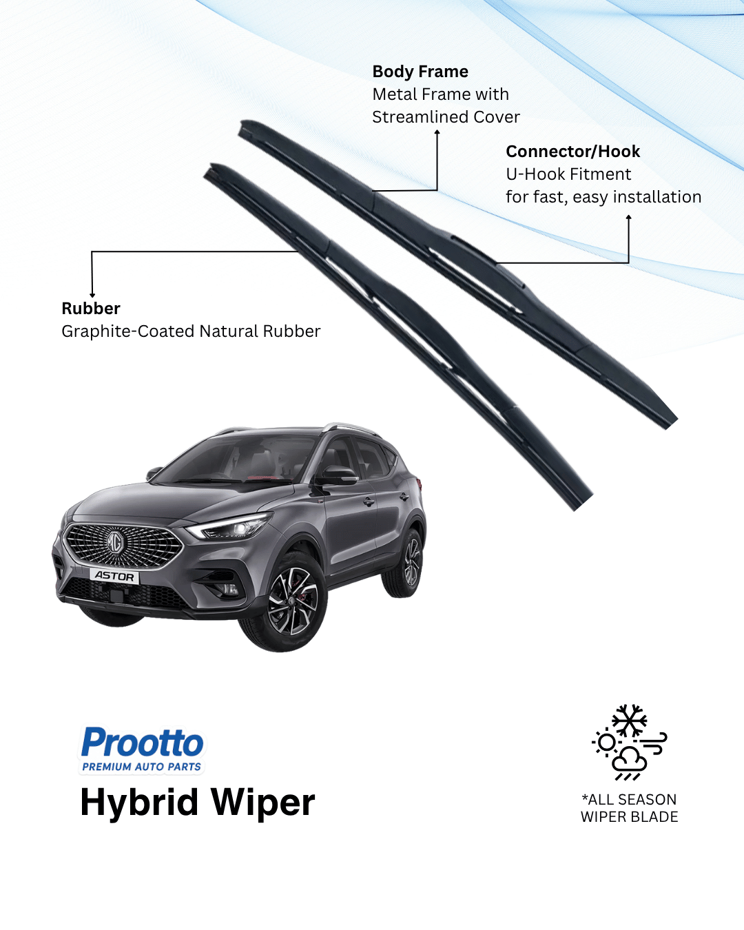 MG Astor Wiper Blades - Hybrid, Frameless & Conventional