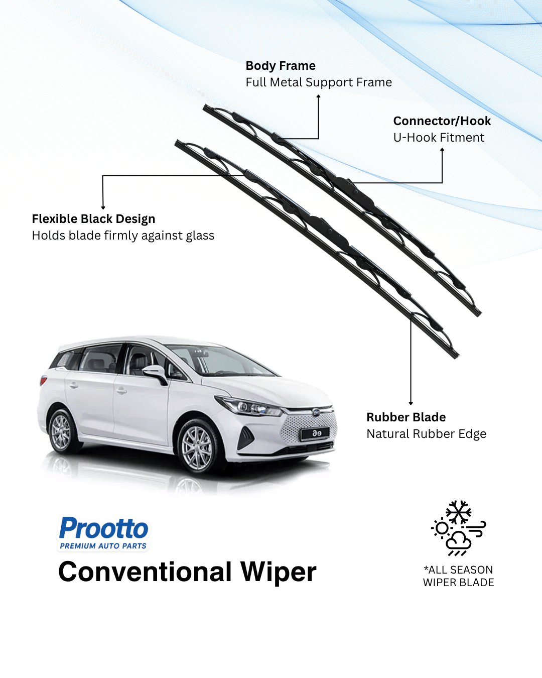Prootto Wiper Blades for BYD e6 Wiper Blades - Hybrid, Frameless & Conventional