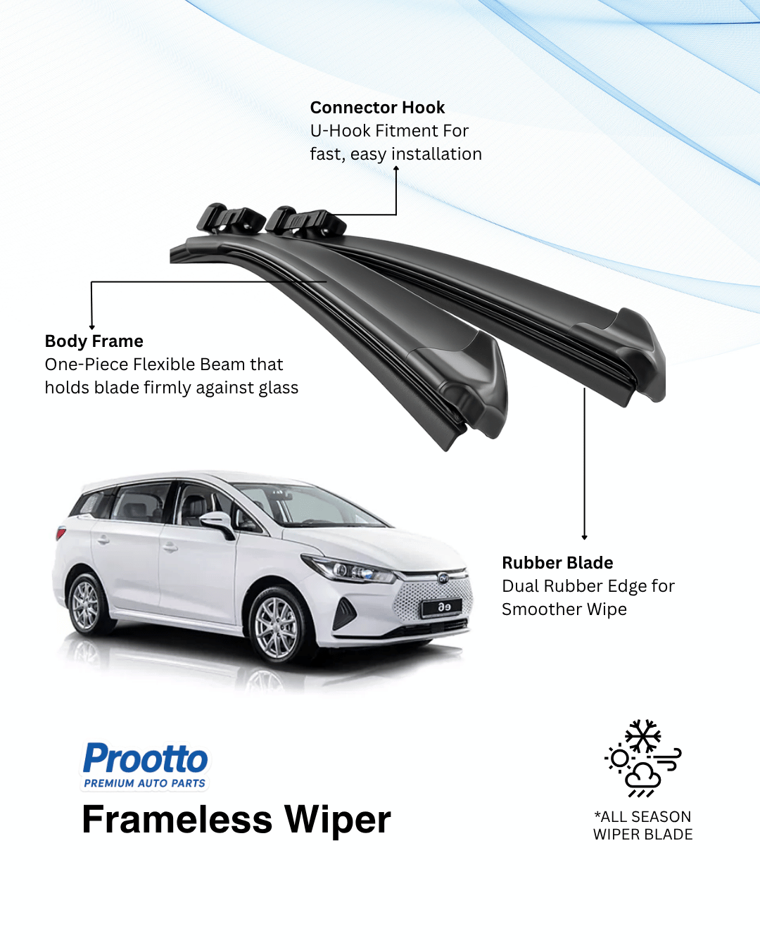 Prootto Wiper Blades for BYD e6 Wiper Blades - Hybrid, Frameless & Conventional
