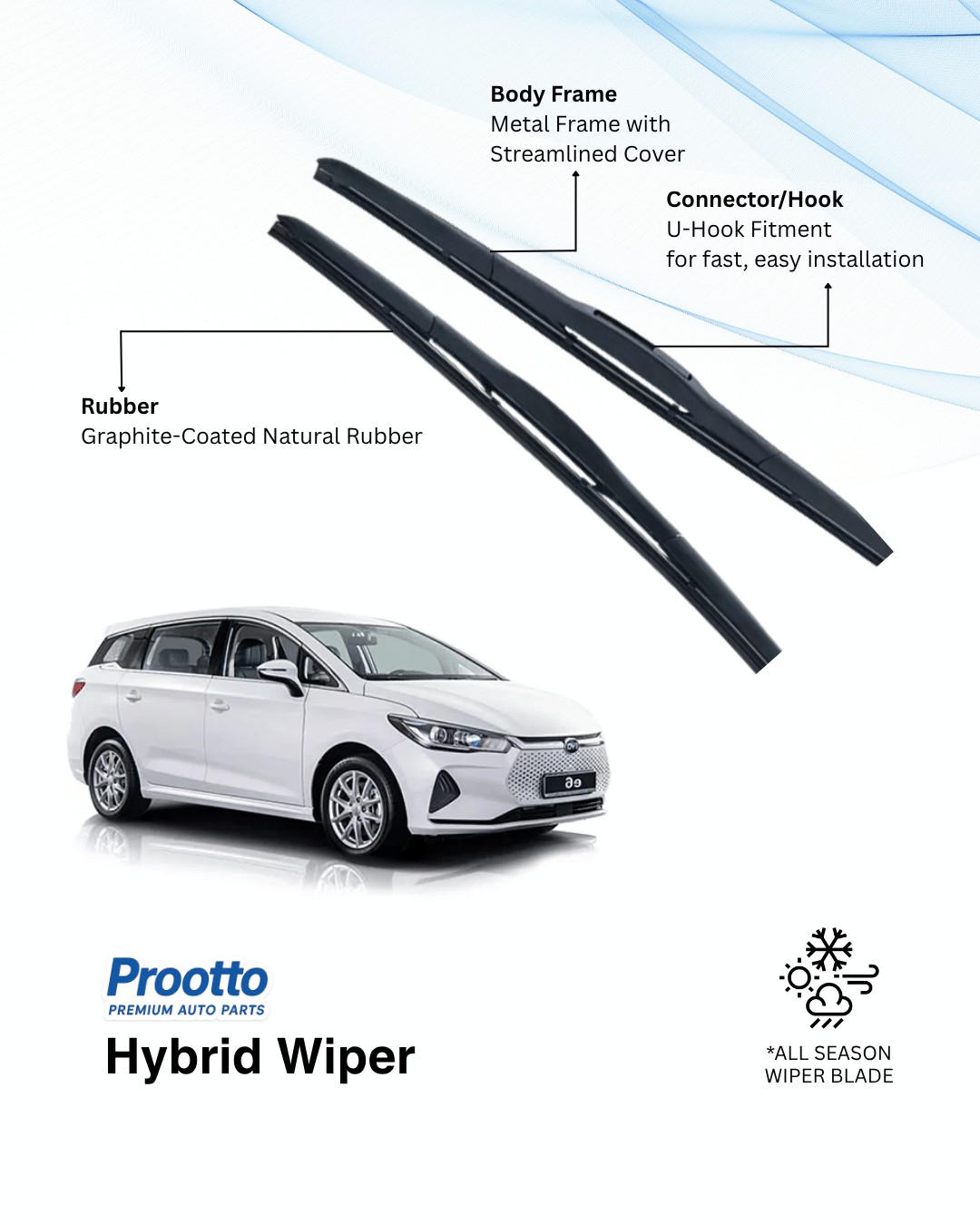 Prootto Wiper Blades for BYD e6 Wiper Blades - Hybrid, Frameless & Conventional