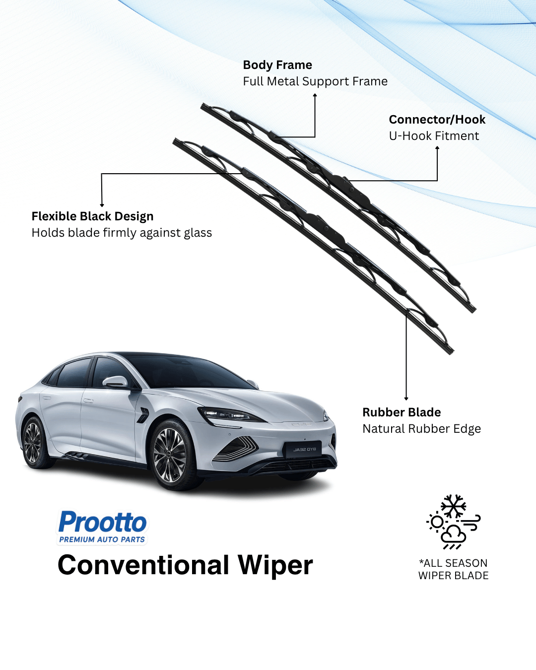 Prootto Wiper Blades for BYD Seal Wiper Blades - Hybrid, Frameless & Conventional