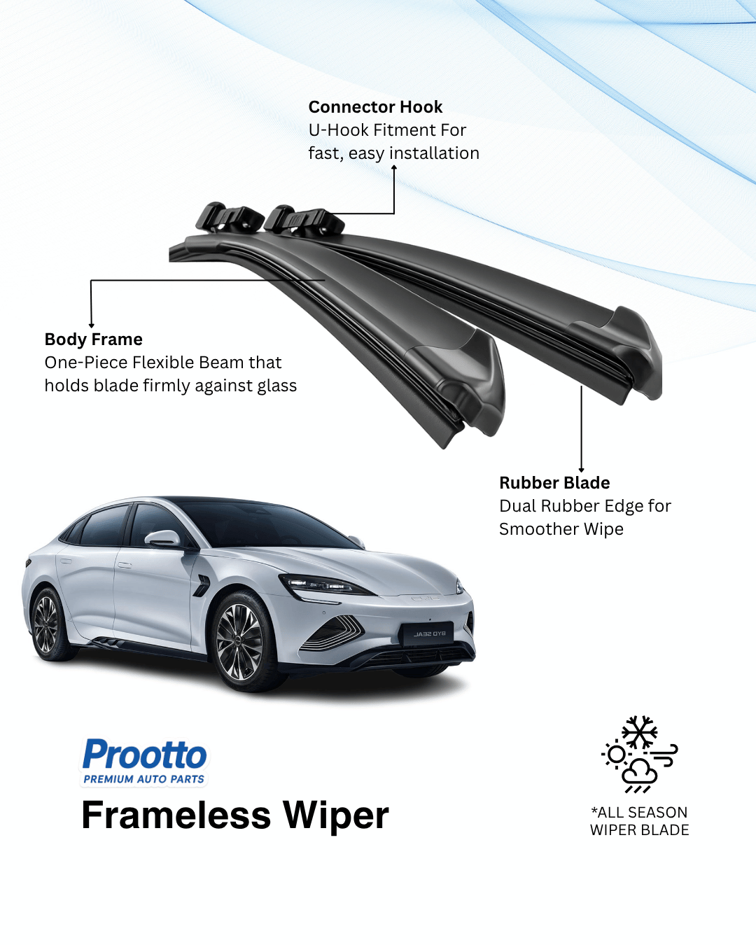Prootto Wiper Blades for BYD Seal Wiper Blades - Hybrid, Frameless & Conventional