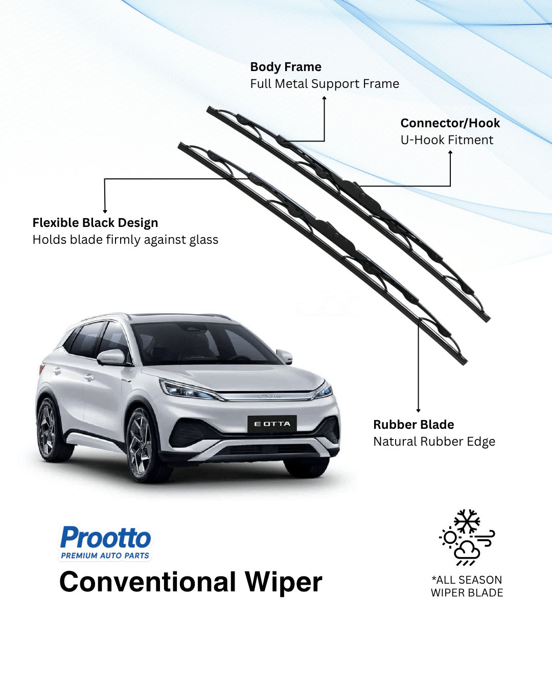 Prootto Wiper Blades for BYD Atto 3 Wiper Blades - Hybrid, Frameless & Conventional