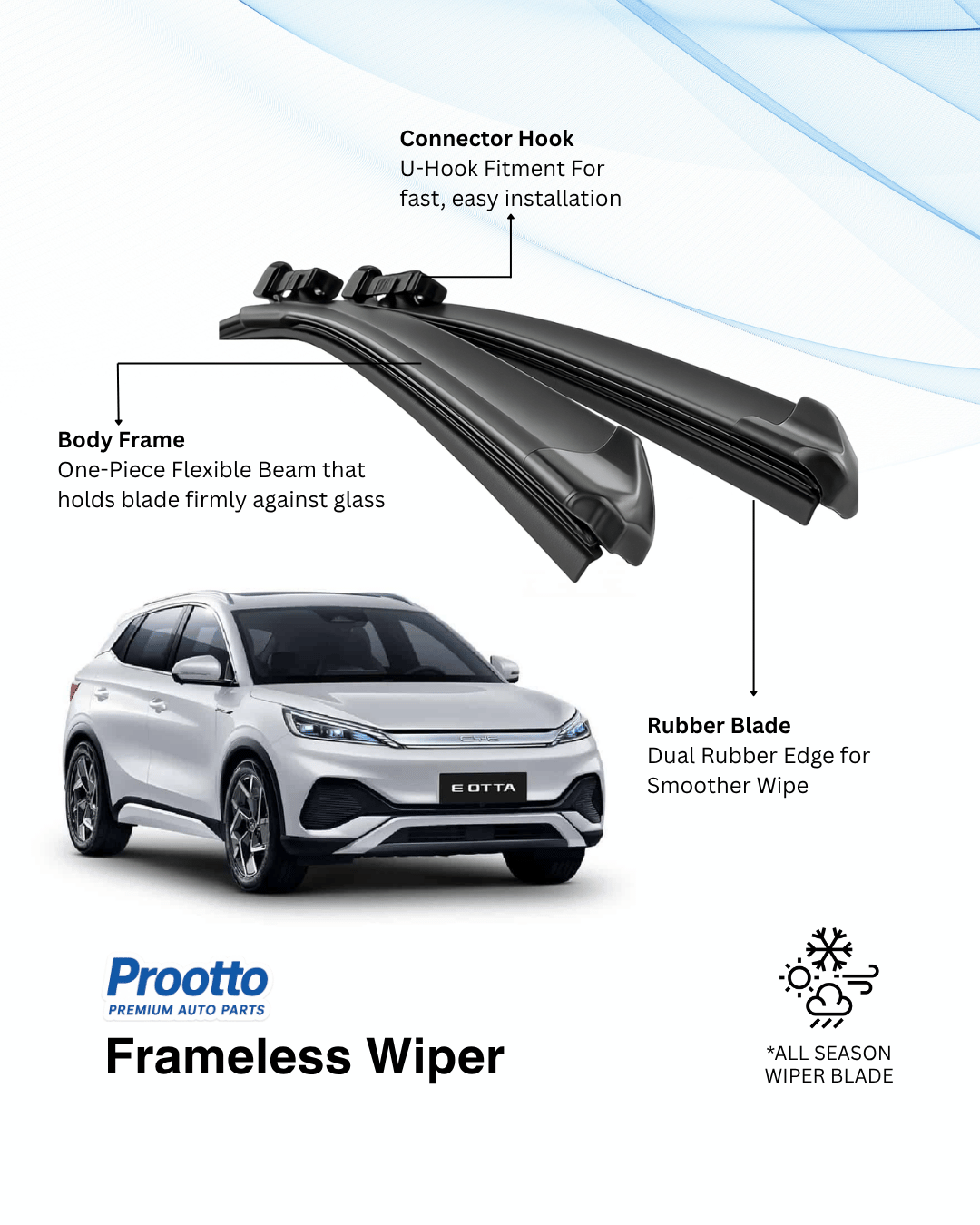 Prootto Wiper Blades for BYD Atto 3 Wiper Blades - Hybrid, Frameless & Conventional