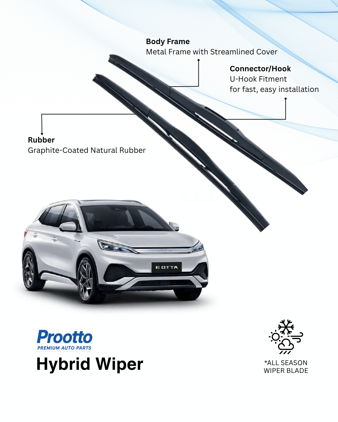 Prootto Wiper Blades for BYD Atto 3 Wiper Blades - Hybrid, Frameless & Conventional