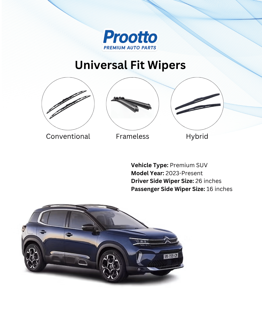 Prootto Wiper Blades for Citroën C5 Aircross – Hybrid, Frameless & Conventional (2025)