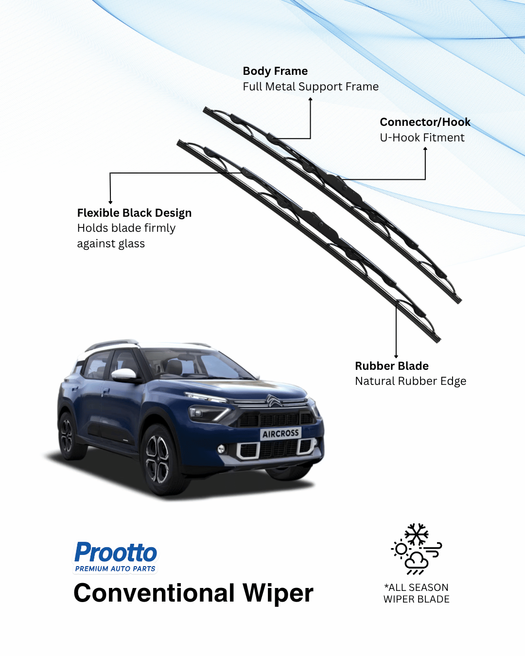 Prootto Wiper Blades for Citroën C3 Aircross – Hybrid, Frameless & Conventional (2025)