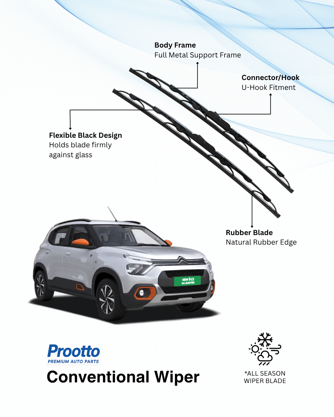 Prootto Wiper Blades for Citroën eC3 – Hybrid, Frameless & Conventional (2025)