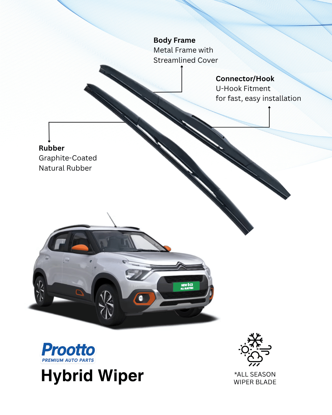 Prootto Wiper Blades for Citroën eC3 – Hybrid, Frameless & Conventional (2025)
