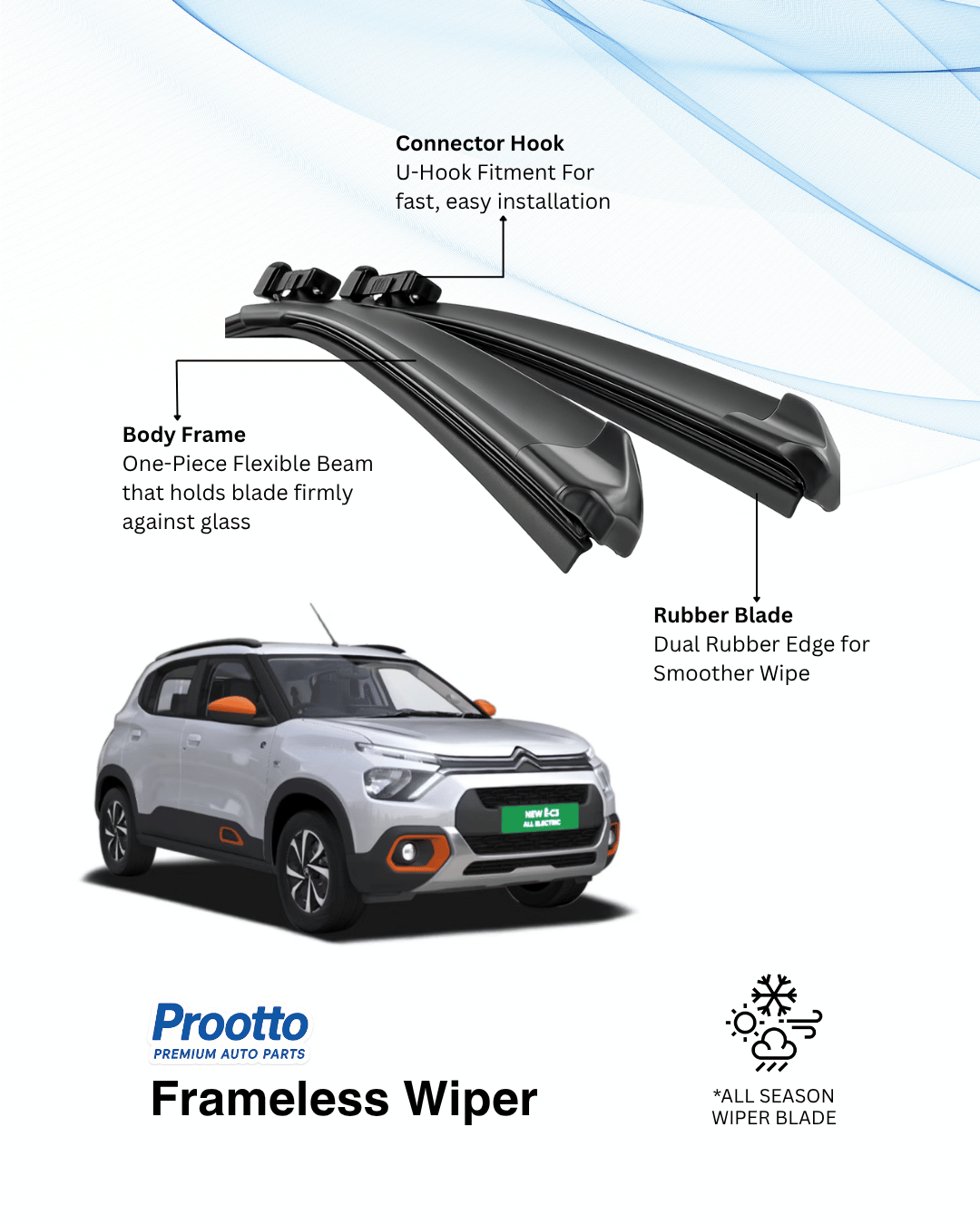 Prootto Wiper Blades for Citroën eC3 – Hybrid, Frameless & Conventional (2025)