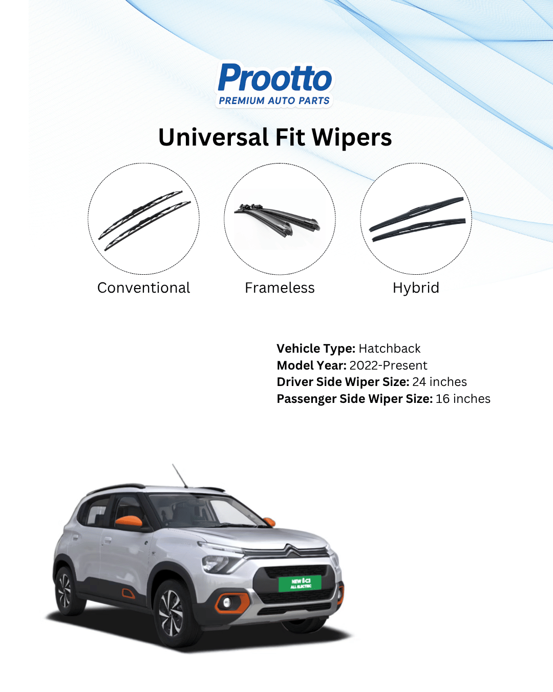 Prootto Wiper Blades for Citroën eC3 – Hybrid, Frameless & Conventional (2025)