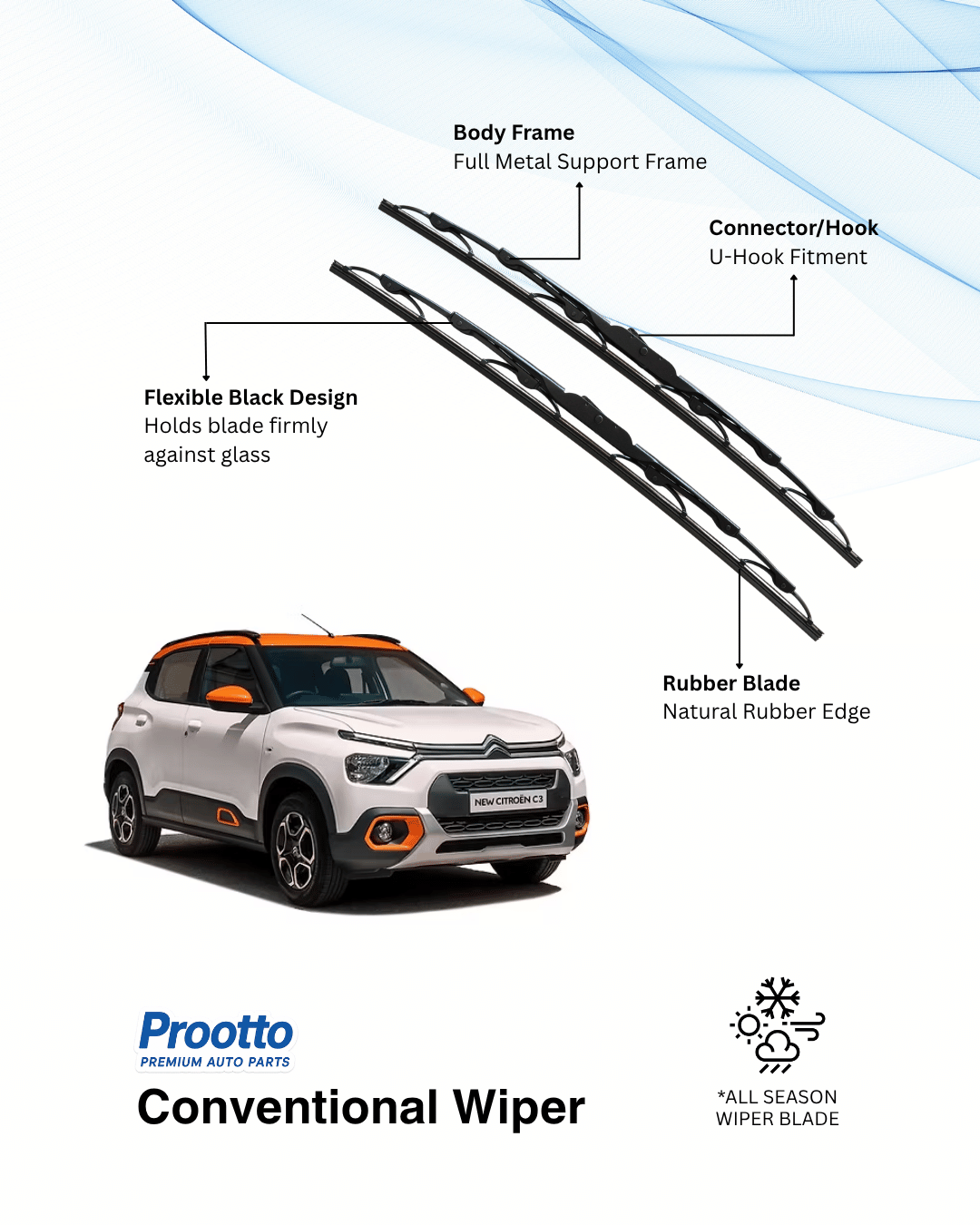 Prootto Wiper Blades for Citroën C3 – Hybrid, Frameless & Conventional (2025)