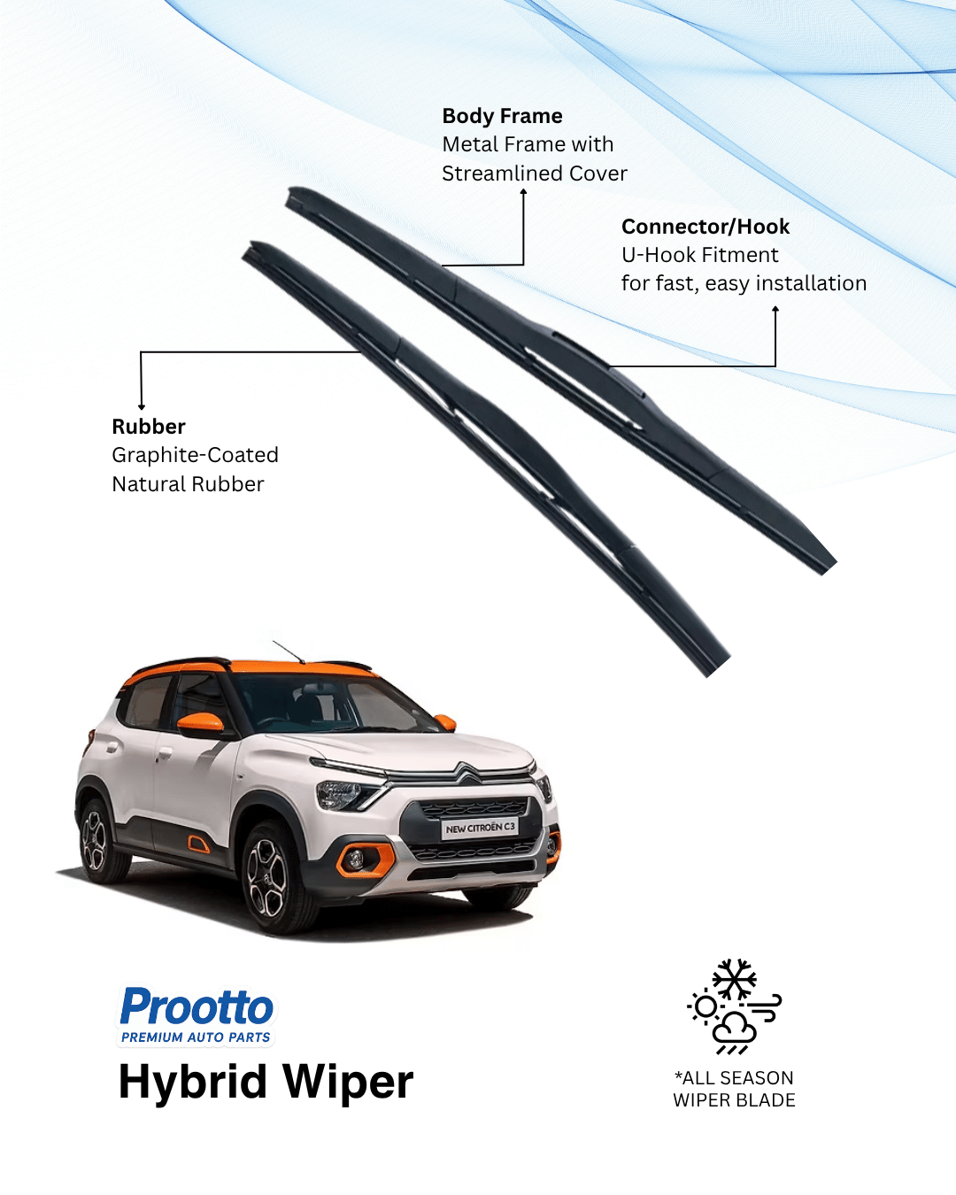 Prootto Wiper Blades for Citroën C3 – Hybrid, Frameless & Conventional (2025)