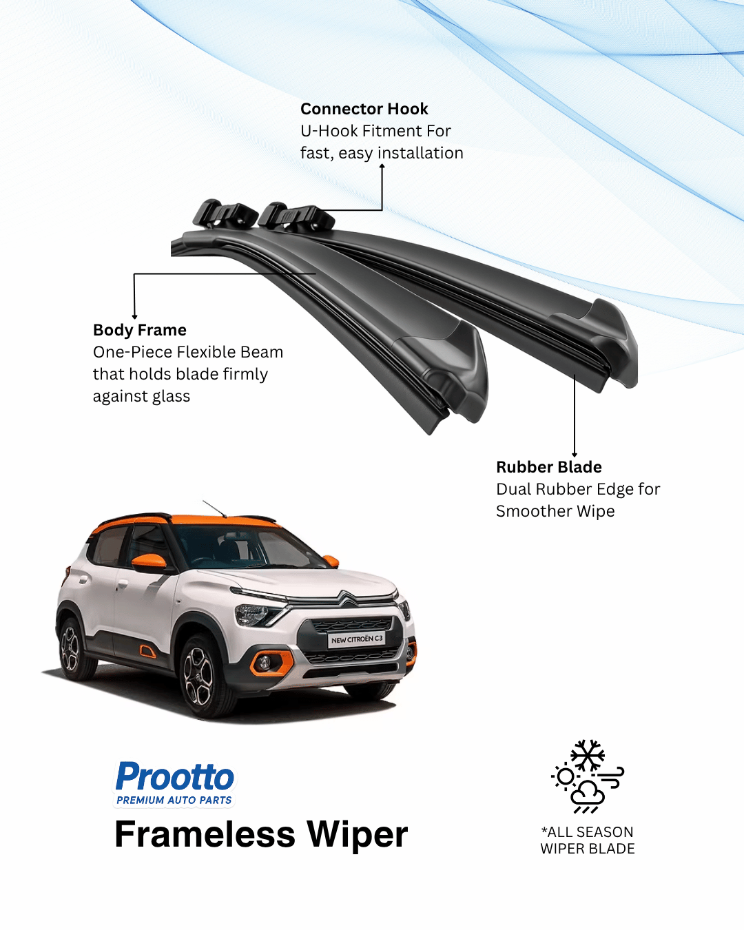 Prootto Wiper Blades for Citroën C3 – Hybrid, Frameless & Conventional (2025)