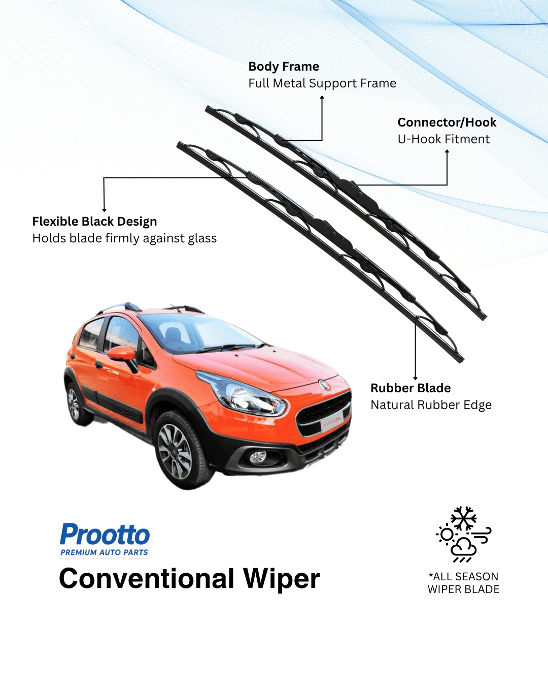 Prootto Wiper Blades for Fiat Avventura - Hybrid, Frameless & Conventional