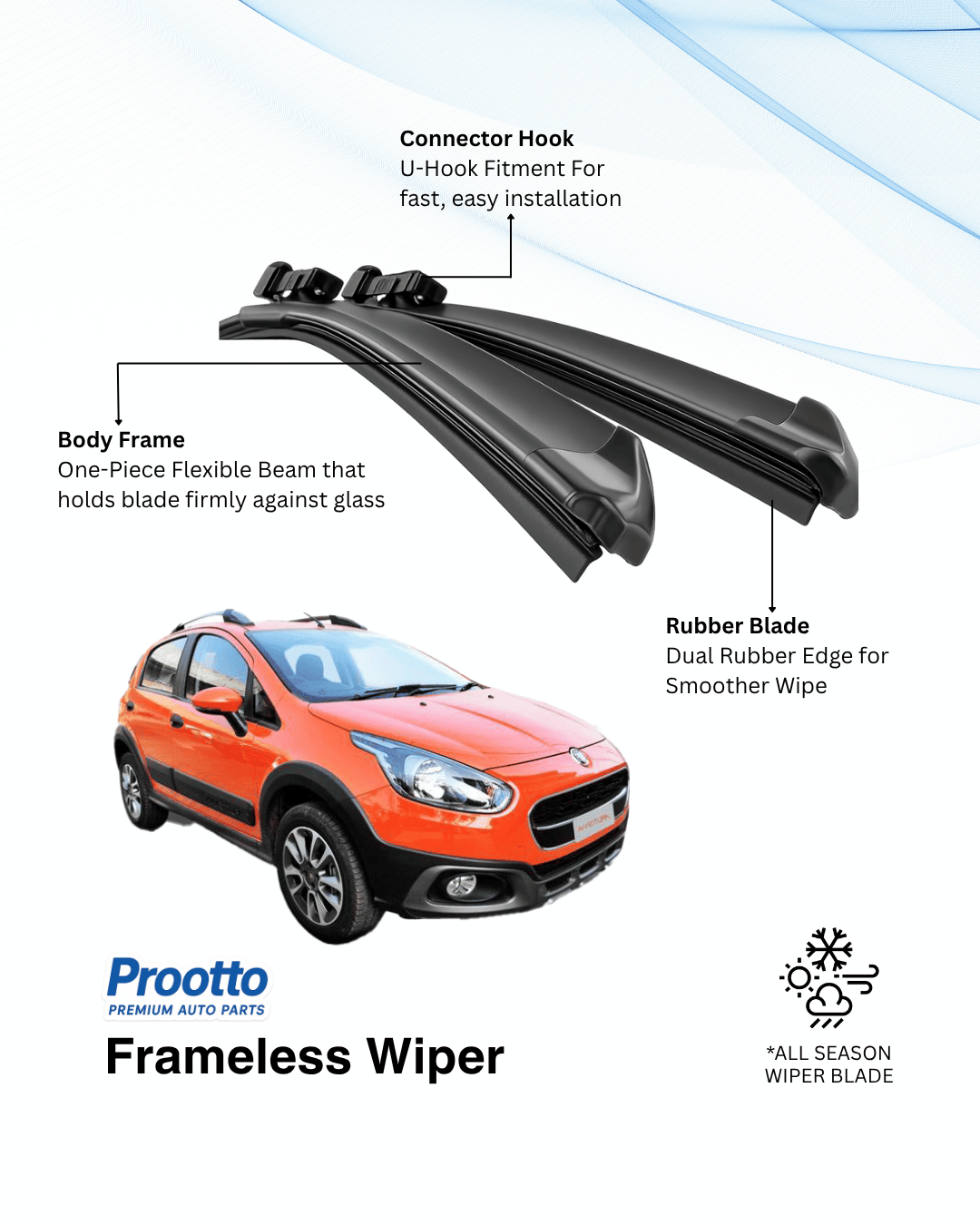 Prootto Wiper Blades for Fiat Avventura - Hybrid, Frameless & Conventional