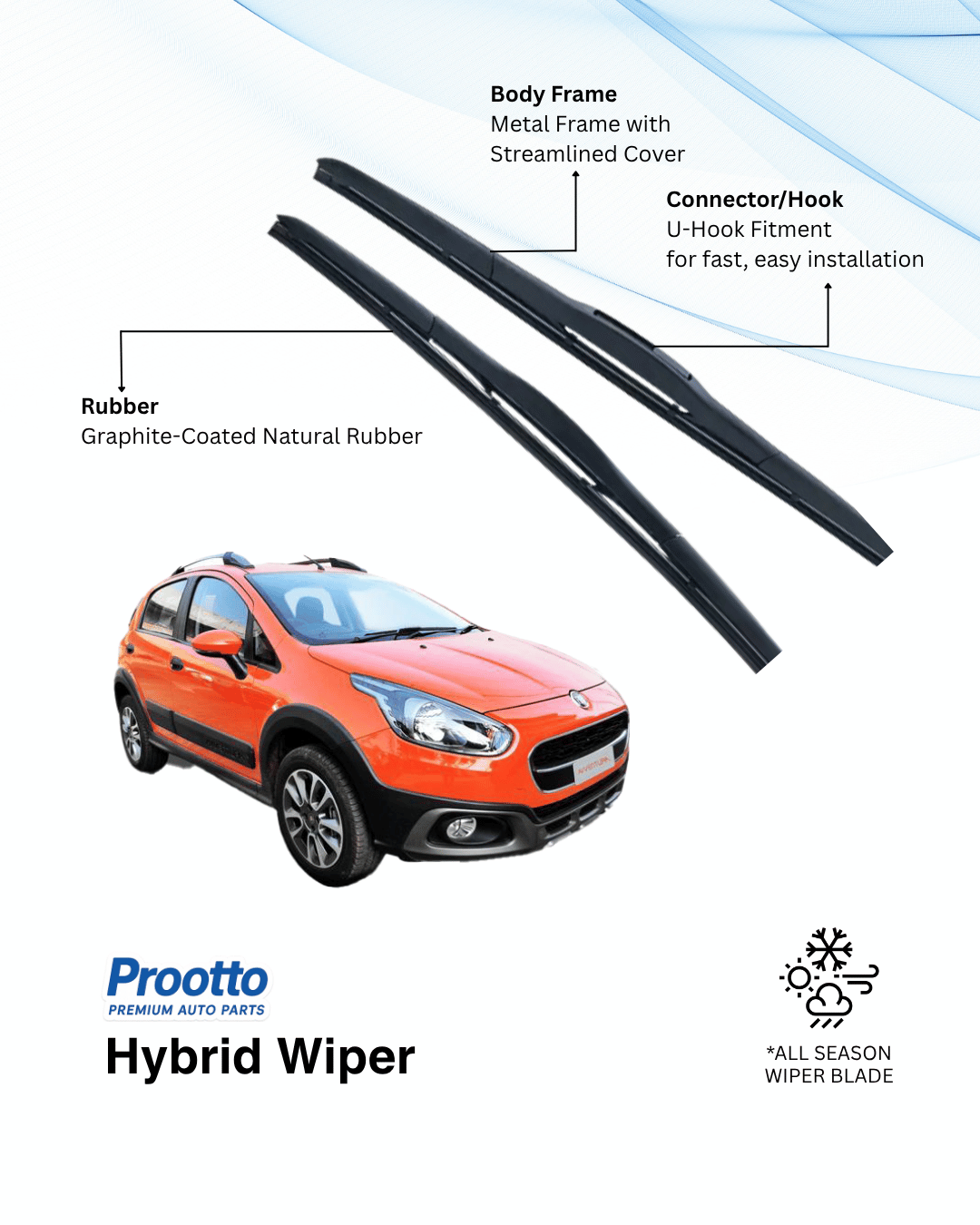 Prootto Wiper Blades for Fiat Avventura - Hybrid, Frameless & Conventional