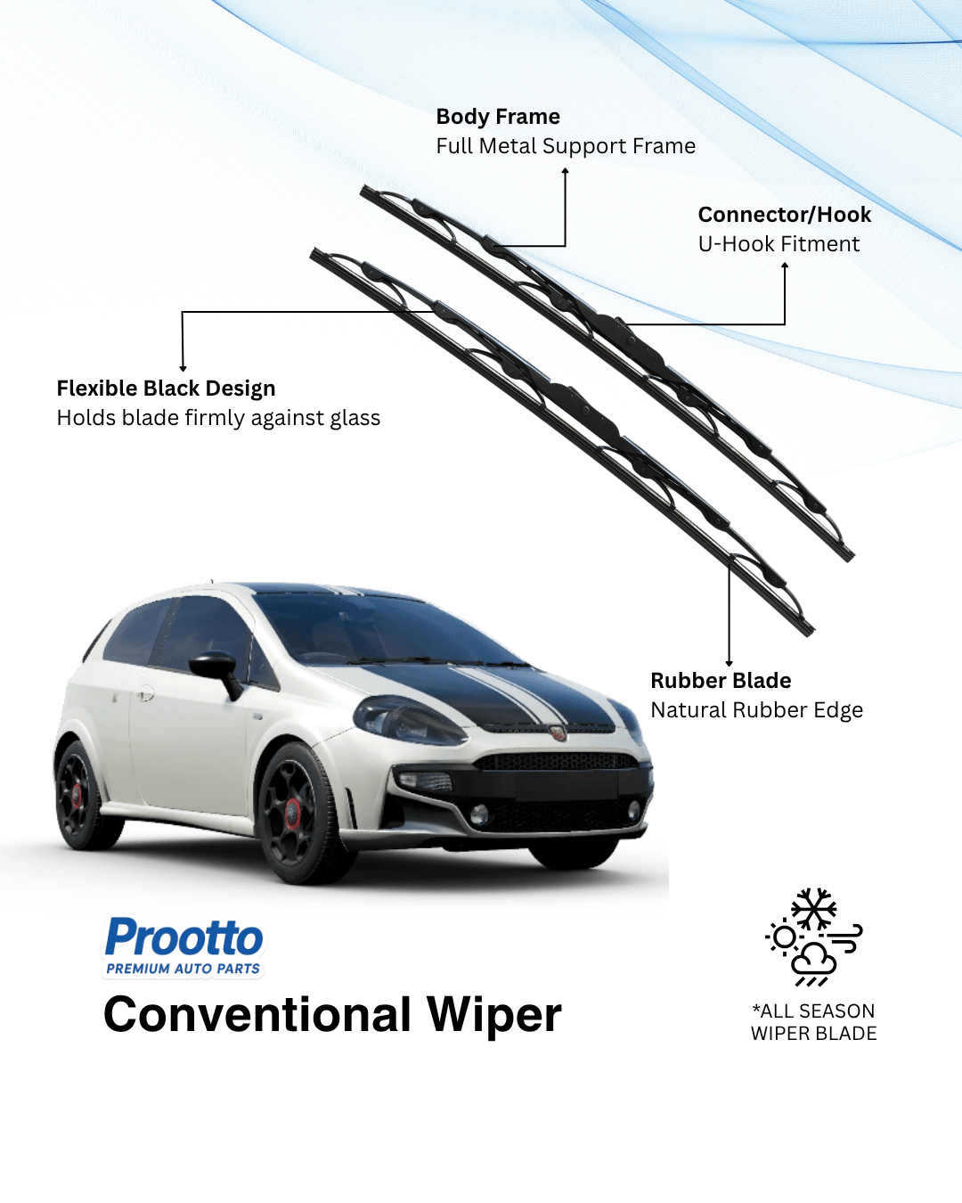 Prootto Wiper blades for Fiat Abarth Punto Wiper Blades - Hybrid, Frameless & Conventional (2025)