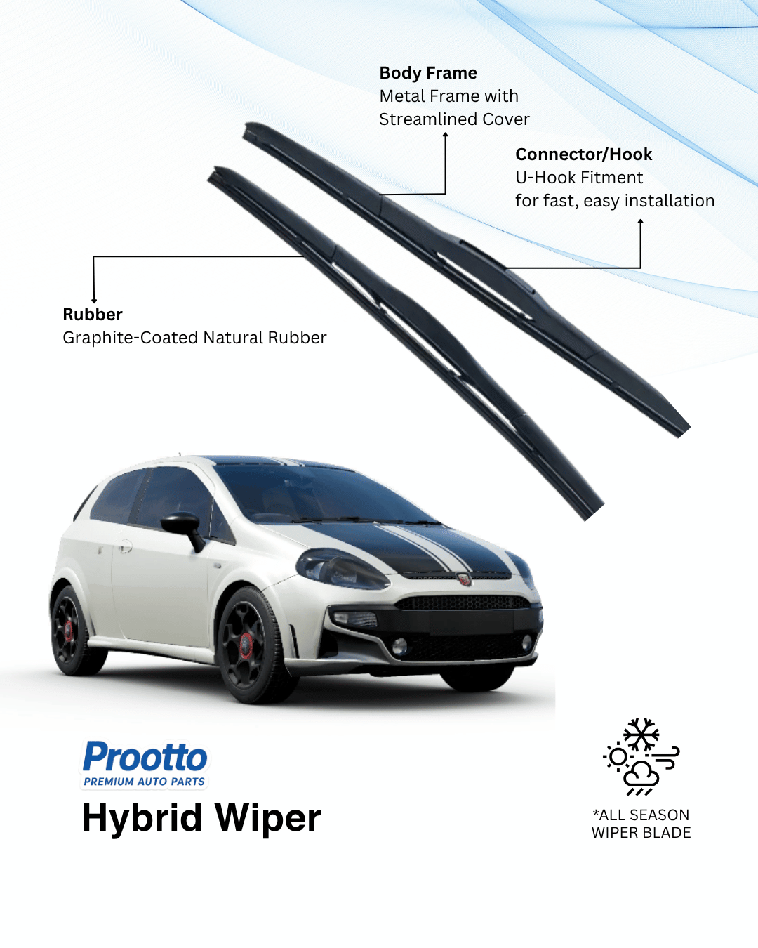 Prootto Wiper blades for Fiat Abarth Punto Wiper Blades - Hybrid, Frameless & Conventional (2025)