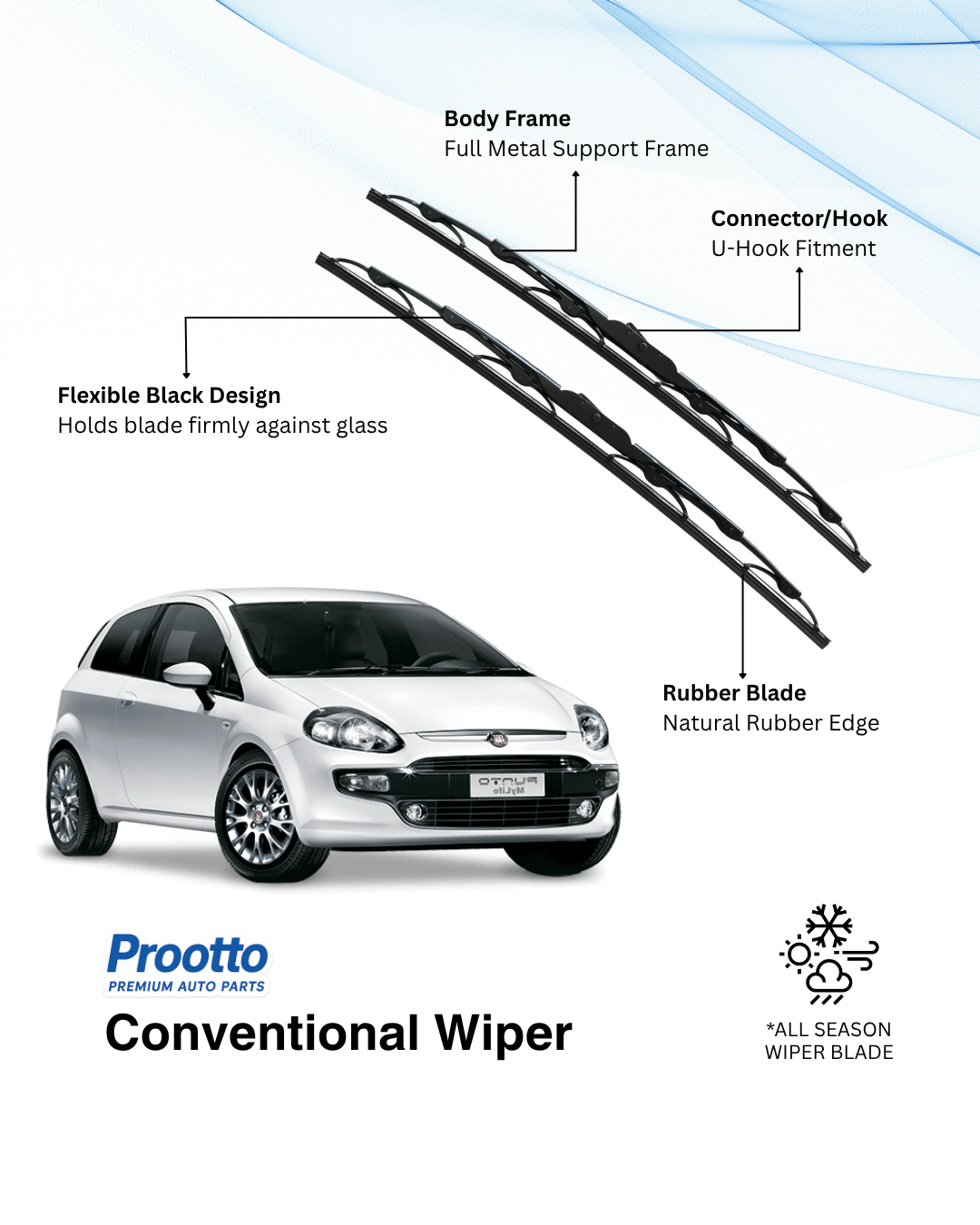 Prootto Wiper blades for Fiat Punto Evo Wiper Blades - Hybrid, Frameless & Conventional