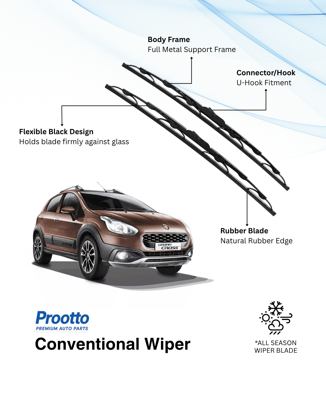 Prootto Wiper Blades for Fiat Urban Cross - Hybrid, Frameless & Conventional