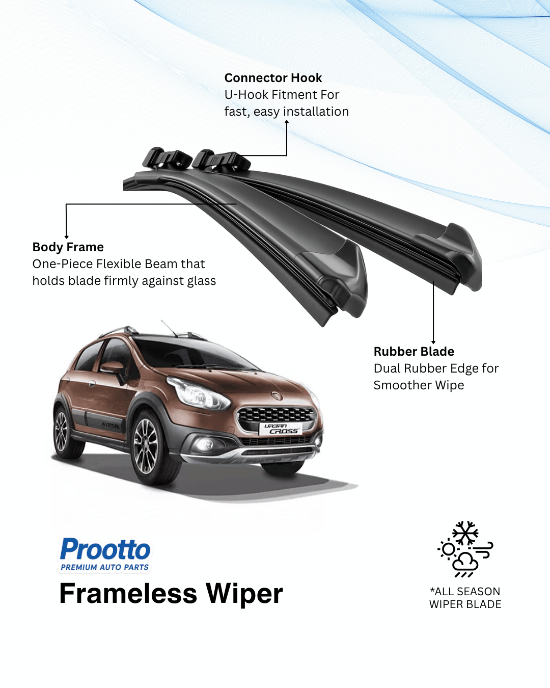 Prootto Wiper Blades for Fiat Urban Cross - Hybrid, Frameless & Conventional