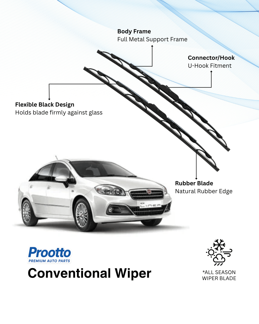 Prootto Wiper Blades for Fiat Linea - Hybrid, Frameless & Conventional