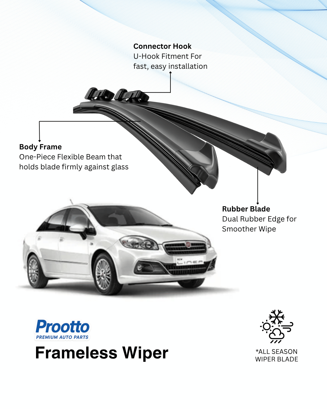 Prootto Wiper Blades for Fiat Linea - Hybrid, Frameless & Conventional
