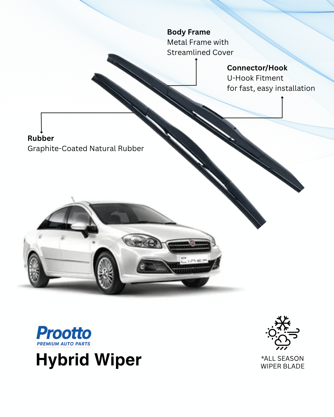 Prootto Wiper Blades for Fiat Linea - Hybrid, Frameless & Conventional