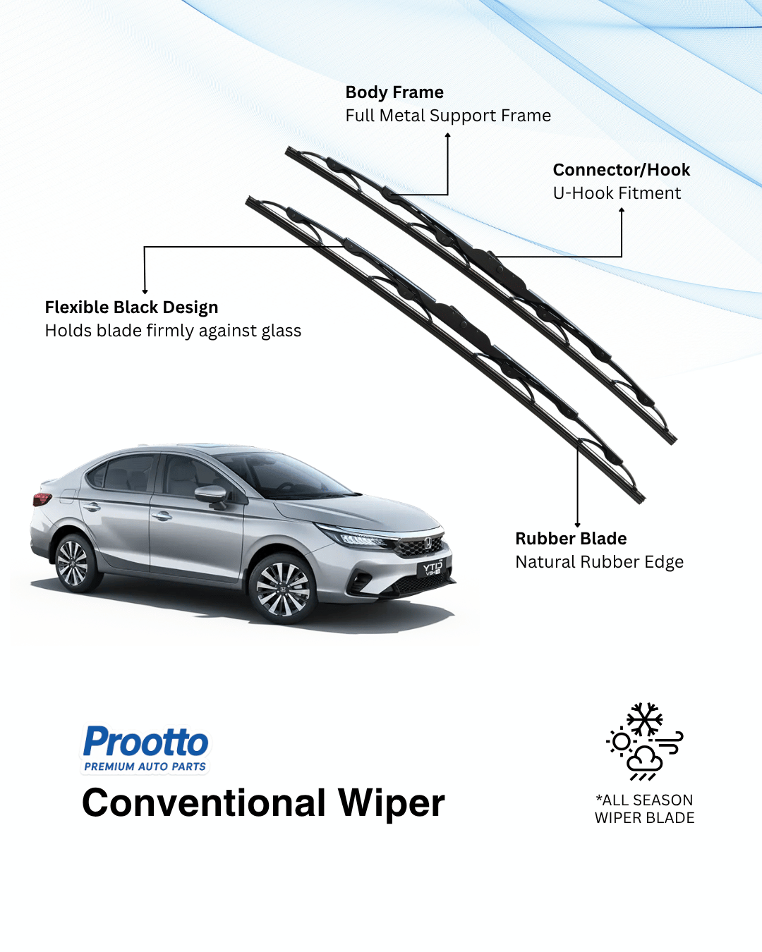 Prootto Wiper Blades for Honda City e:HEV - Hybrid, Frameless & Conventional