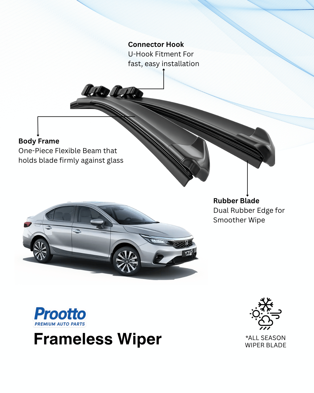 Prootto Wiper Blades for Honda City e:HEV - Hybrid, Frameless & Conventional