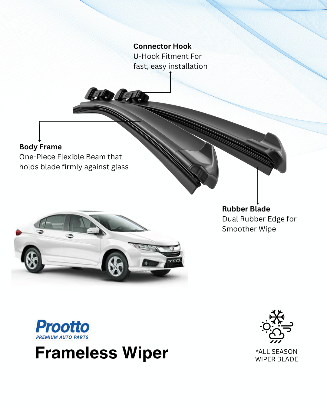 Prootto Wiper Blades for Honda City - Hybrid, Frameless & Conventional