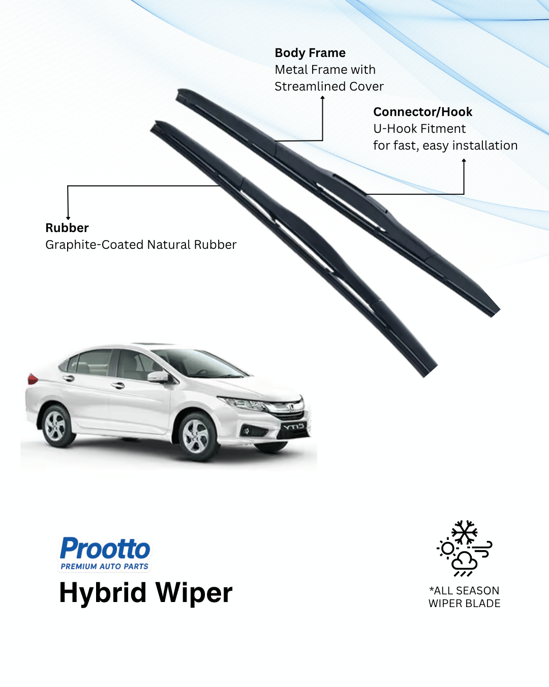 Prootto Wiper Blades for Honda City - Hybrid, Frameless & Conventional