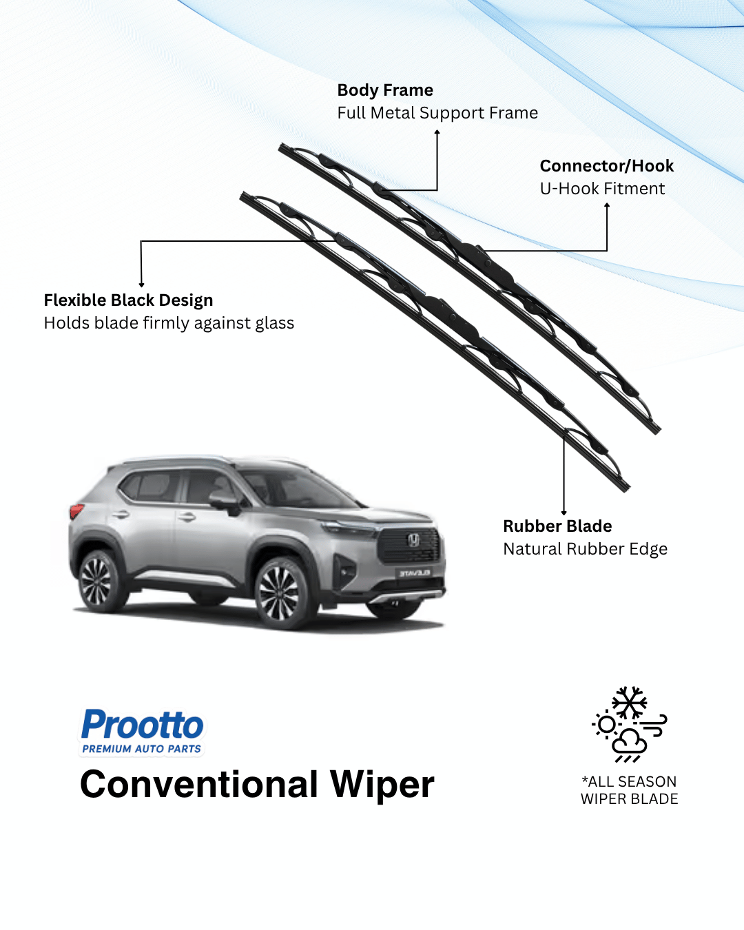 Prootto Wiper Blades for Honda Elevate - Hybrid, Frameless & Conventional